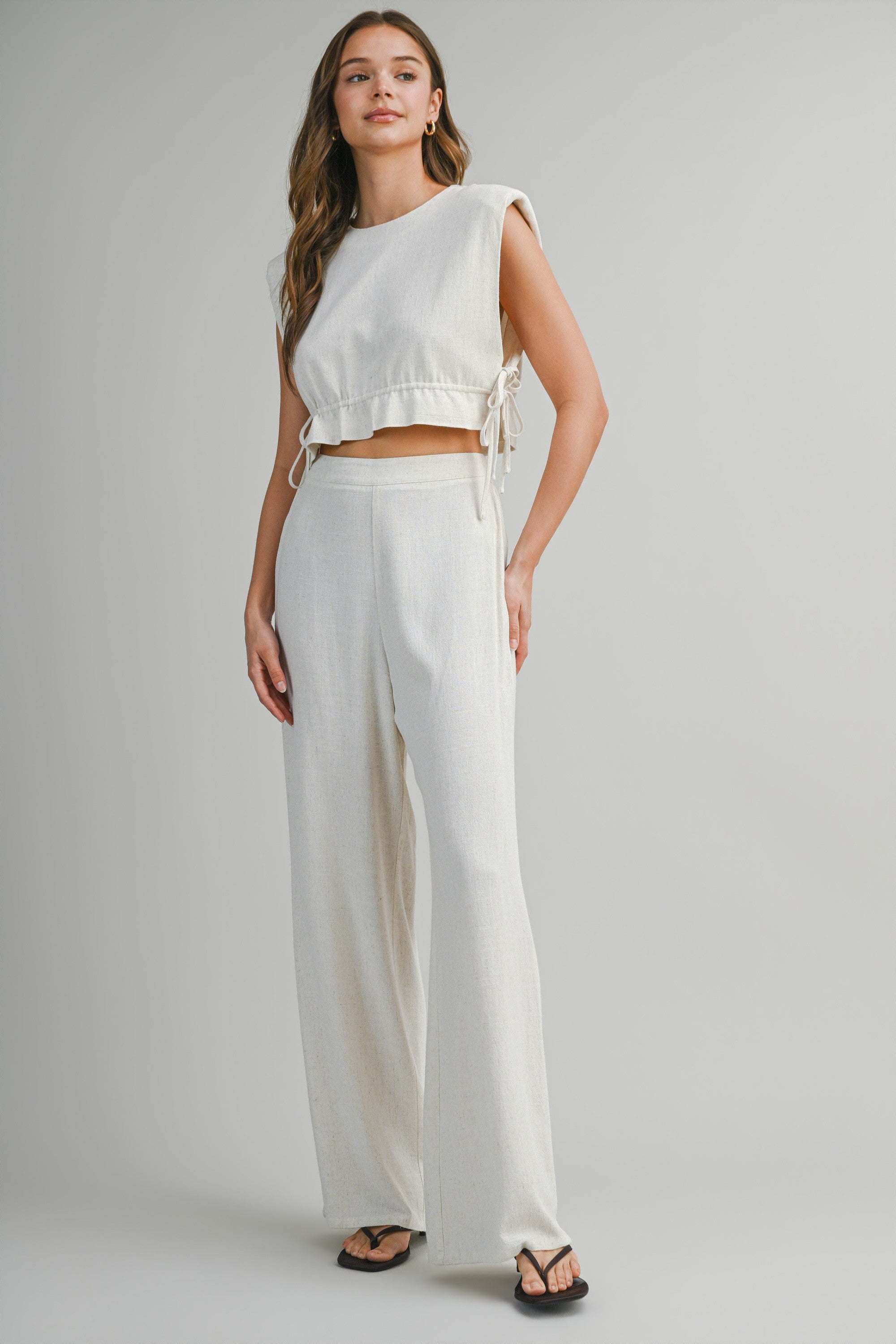 Oatmeal Sleeveless Crop Top With Side Tie Detail And Wide Pants Set