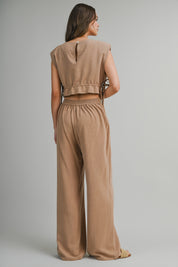 Mocha Sleeveless Crop Top With Side Tie Detail And Wide Pants Set
