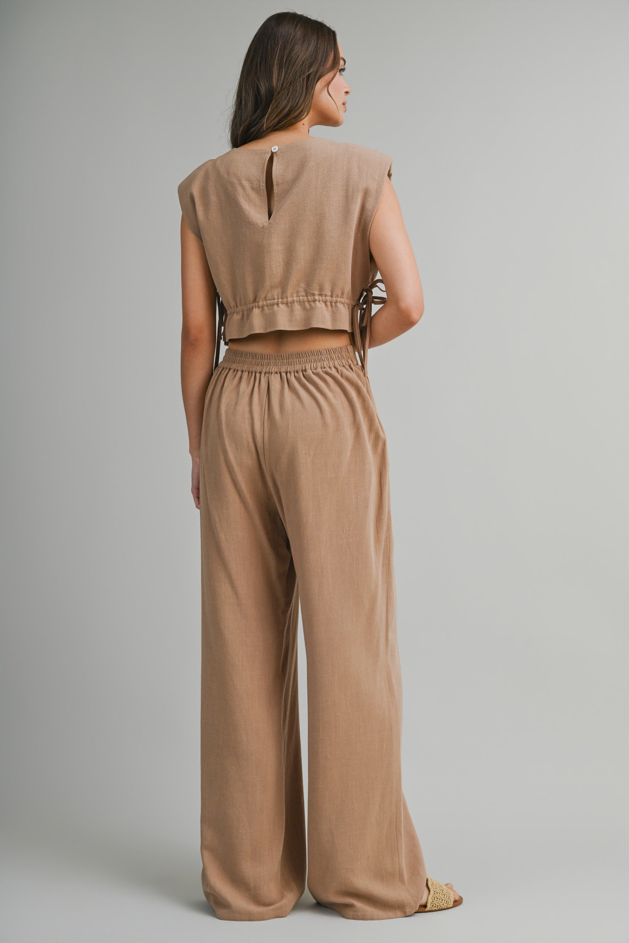 Mocha Sleeveless Crop Top With Side Tie Detail And Wide Pants Set
