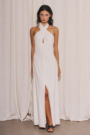 Woven Linen Criss Cross Halter Neck Long Dress