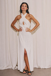 Woven Linen Criss Cross Halter Neck Long Dress