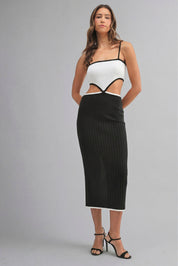 Ribbed Knit Color Block Cutout Midi Dress