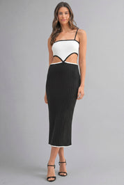 Ribbed Knit Color Block Cutout Midi Dress