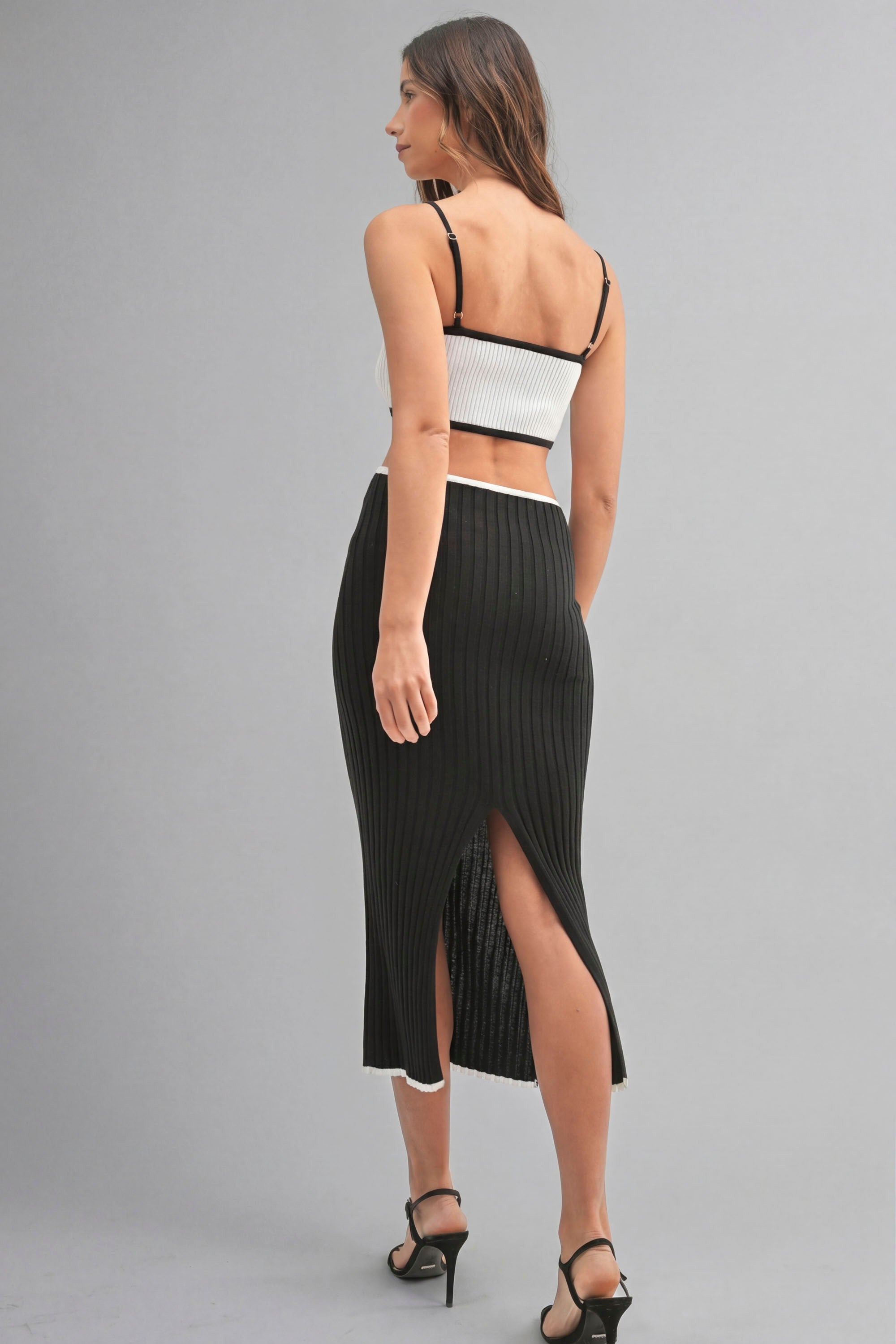 Ribbed Knit Color Block Cutout Midi Dress