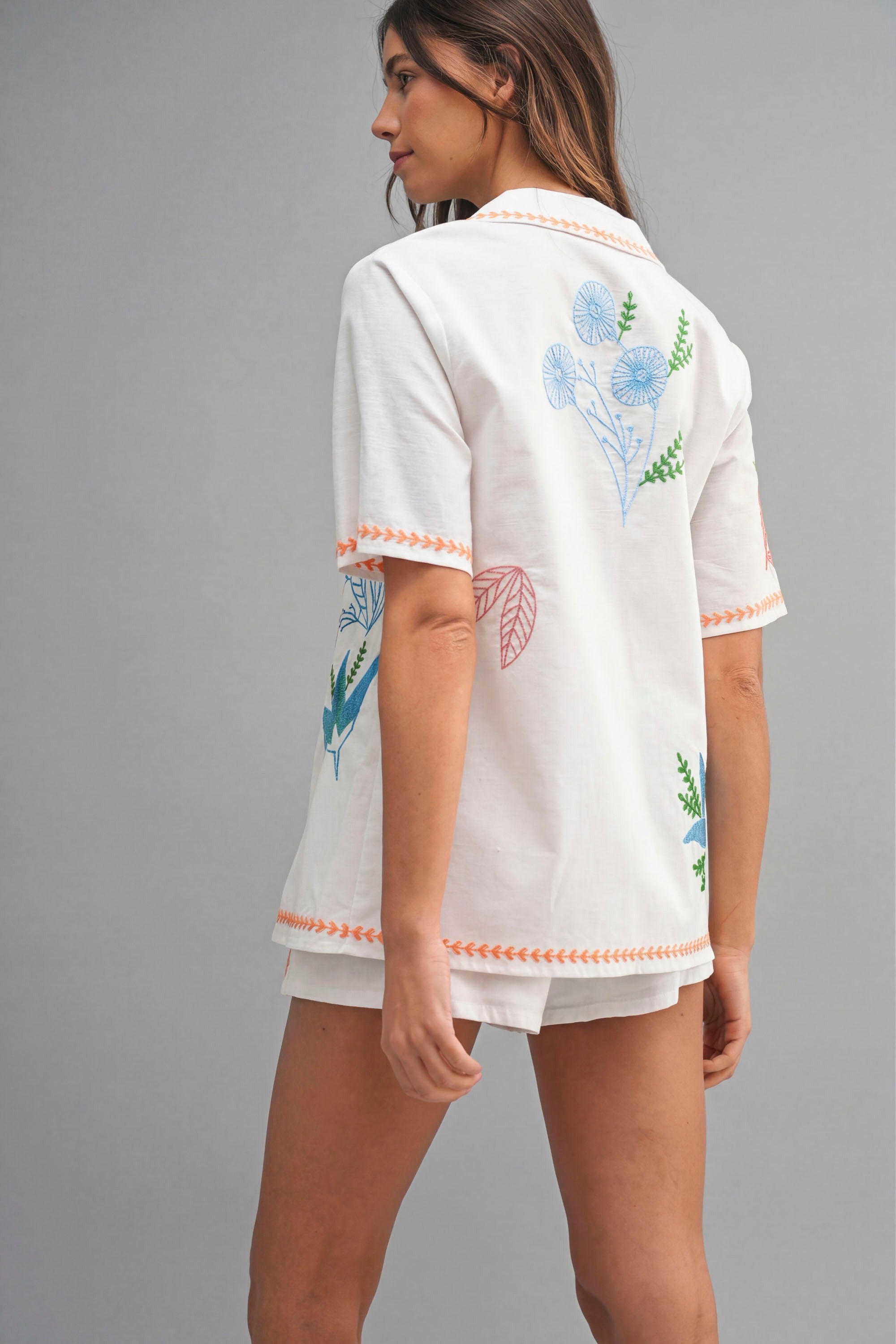 Embroidered Button Shirt Top And Shorts Set