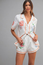 Embroidered Button Shirt Top And Shorts Set
