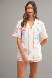 Embroidered Button Shirt Top And Shorts Set