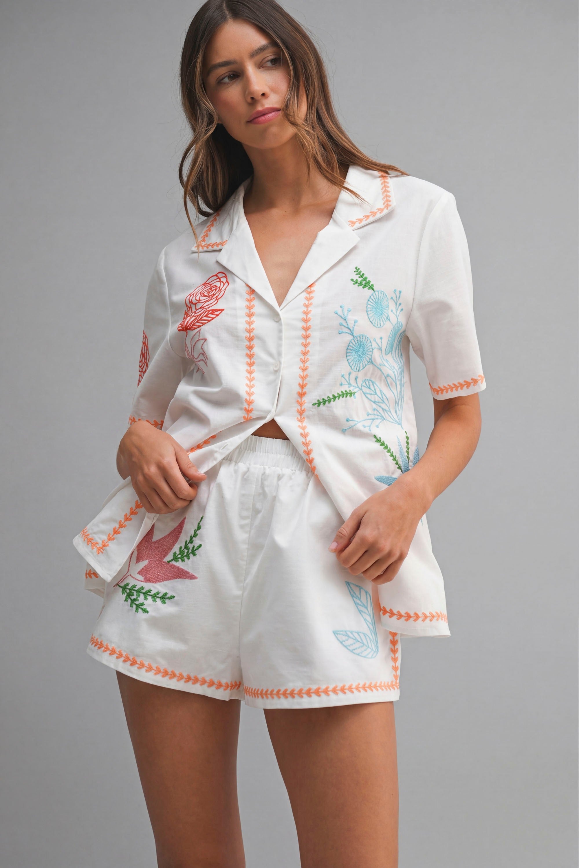 Embroidered Button Shirt Top And Shorts Set