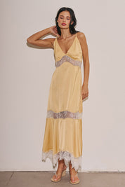 Ladies Woven Satin Lace Trim Maxi Dress