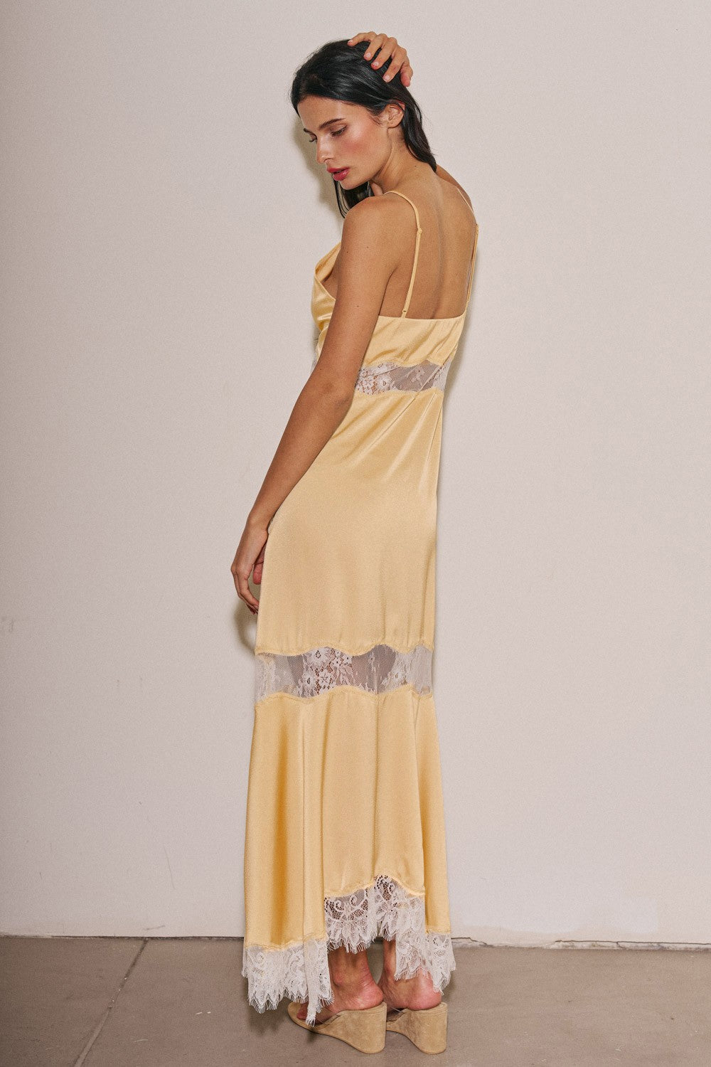 Ladies Woven Satin Lace Trim Maxi Dress