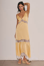 Ladies Woven Satin Lace Trim Maxi Dress