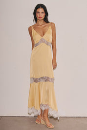 Ladies Woven Satin Lace Trim Maxi Dress