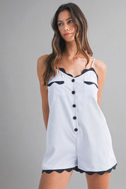 Striped Adjustable Strap Scallop Lace Romper