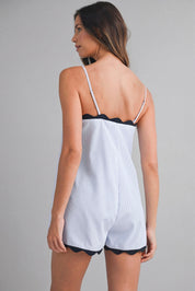 Striped Adjustable Strap Scallop Lace Romper