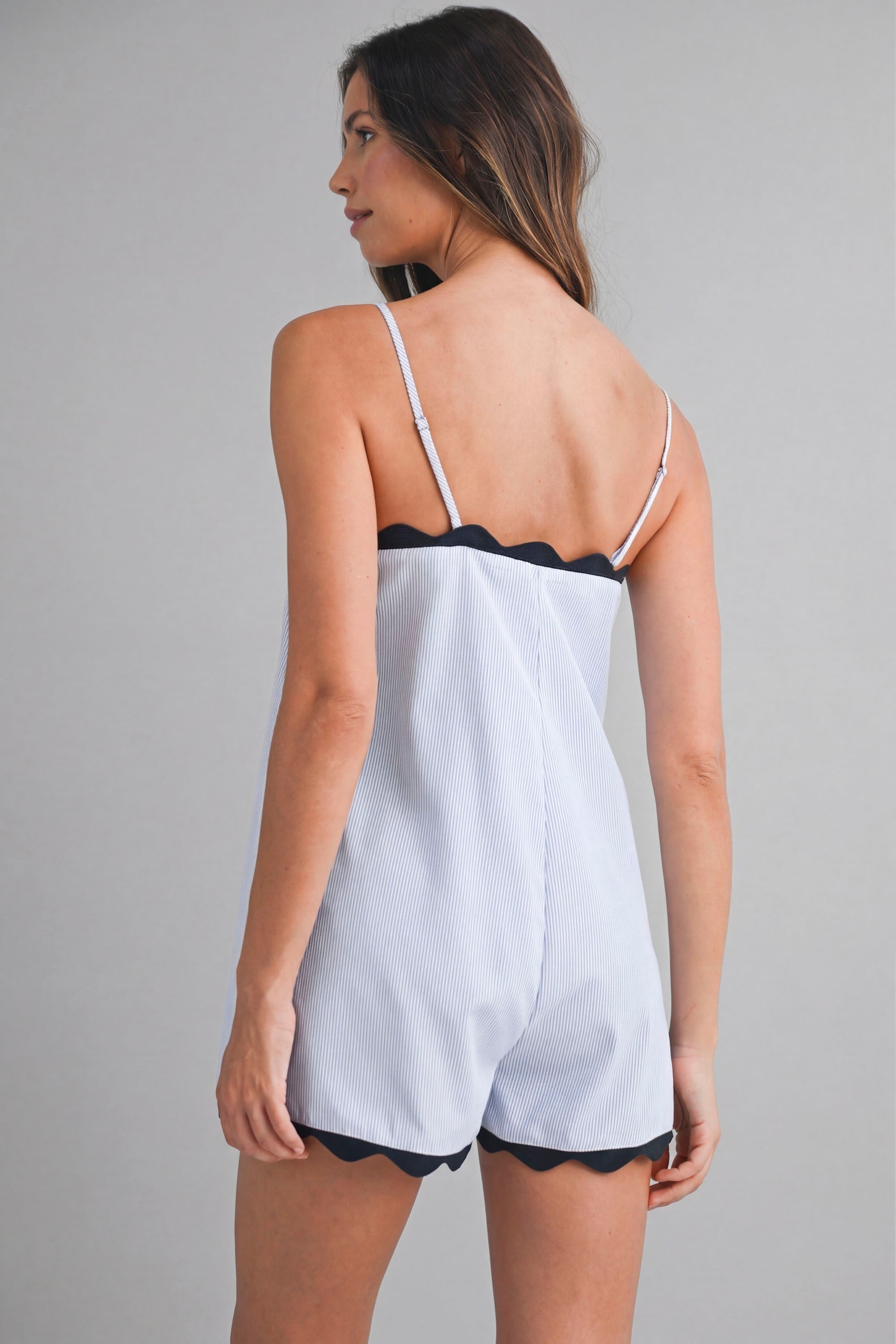 Striped Adjustable Strap Scallop Lace Romper