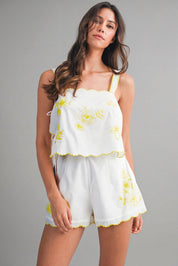 Floral Embroidered Scallop Crop Top And Short Set