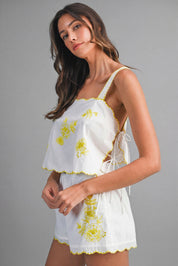 Floral Embroidered Scallop Crop Top And Short Set