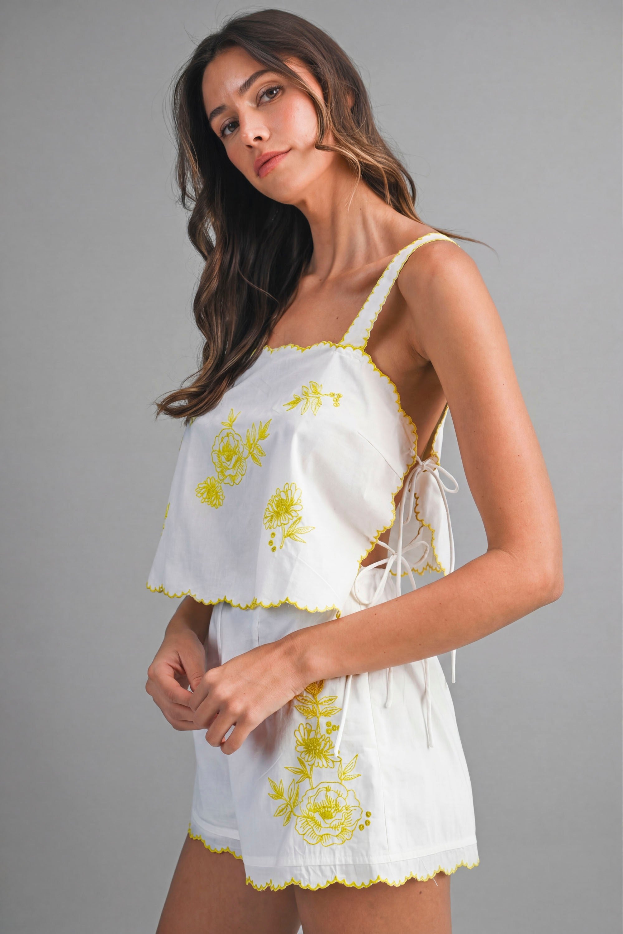 Floral Embroidered Scallop Crop Top And Short Set