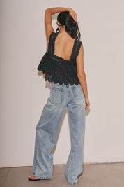 Ladies Woven Cotton Eyelet Top With Scallop Edge Lace Trim