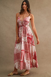 Patchwork Paisley Print Deep V Neck Front Tie Midi Dress