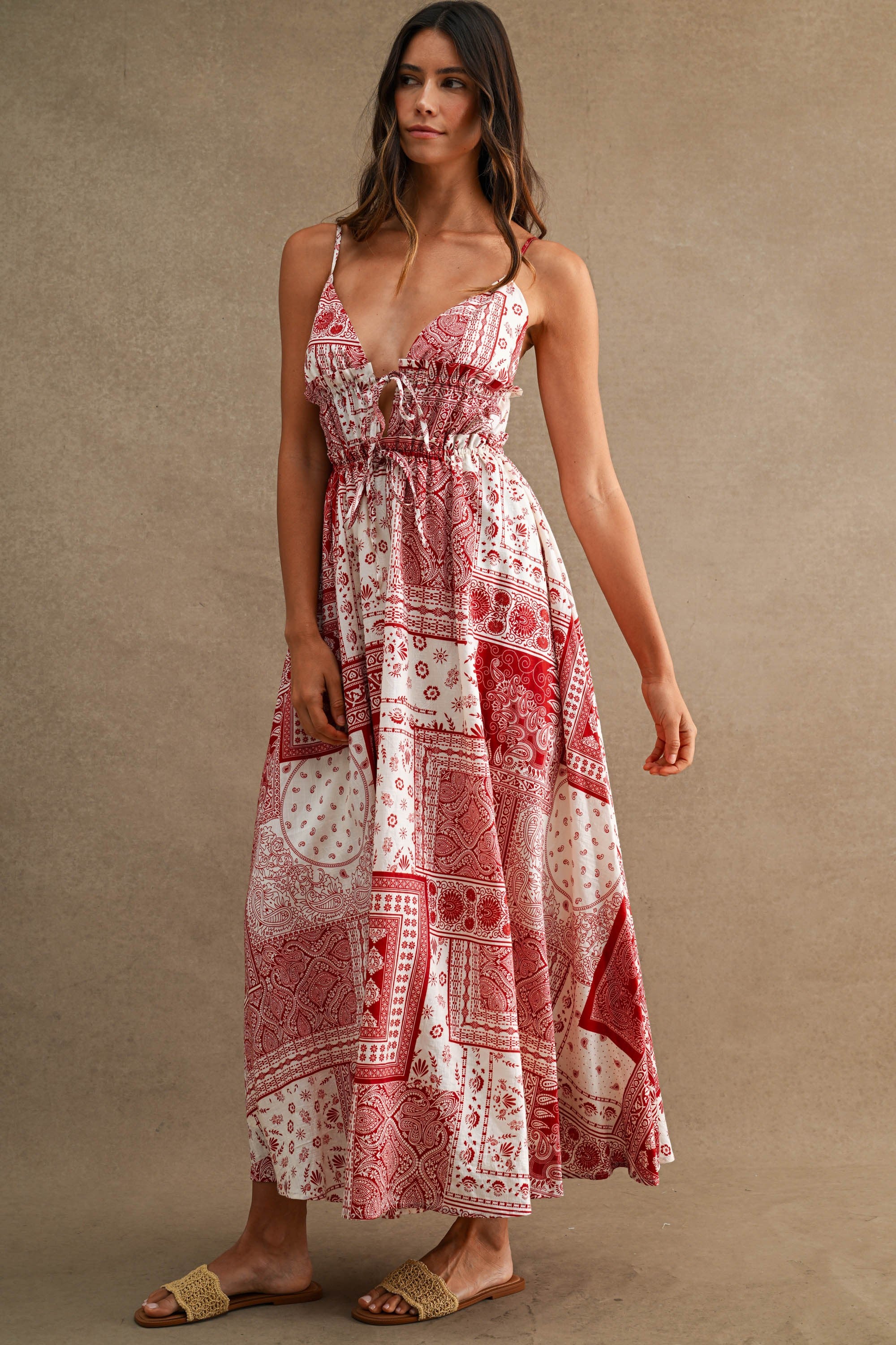 Patchwork Paisley Print Deep V Neck Front Tie Midi Dress