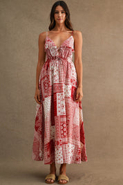 Patchwork Paisley Print Deep V Neck Front Tie Midi Dress