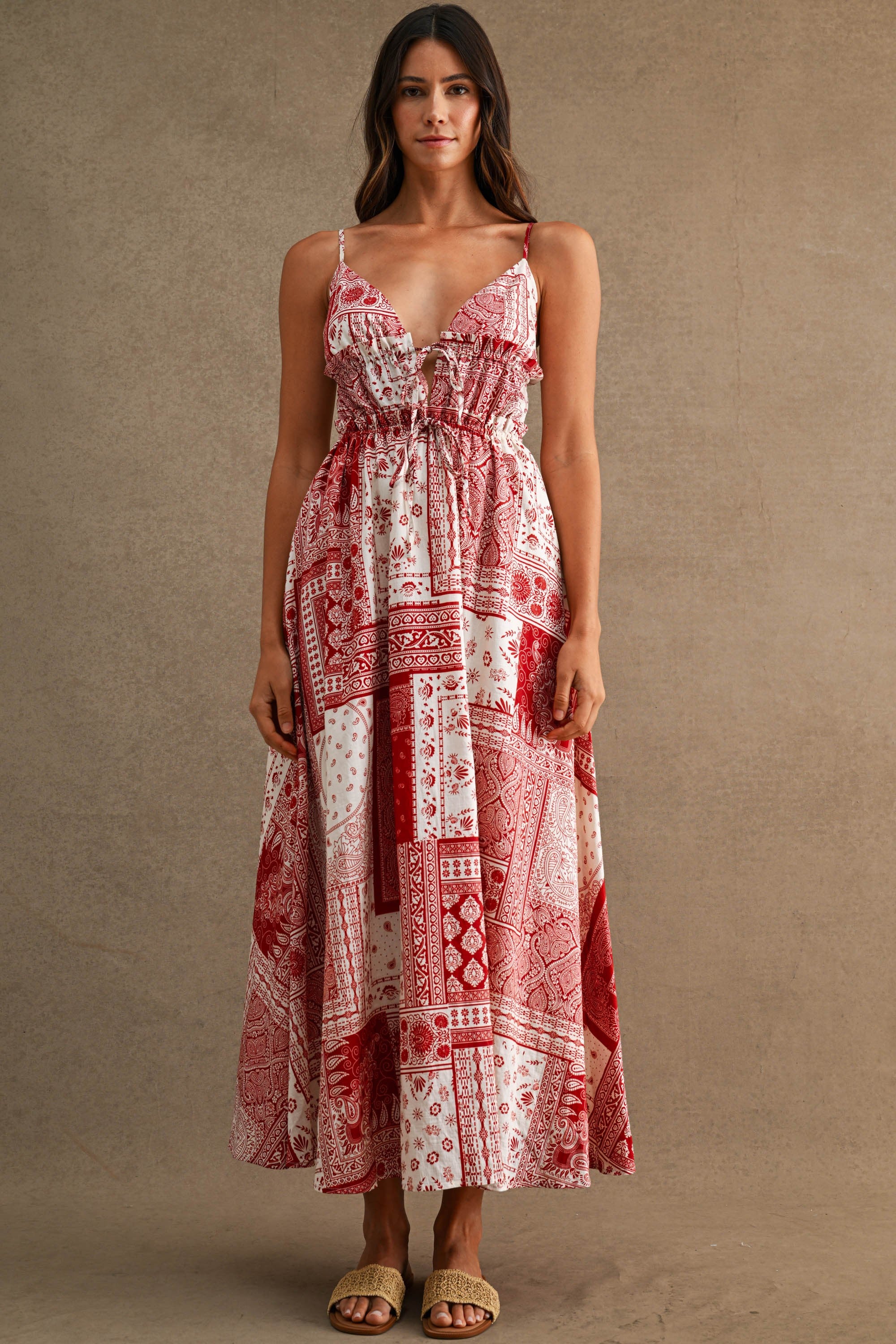 Patchwork Paisley Print Deep V Neck Front Tie Midi Dress