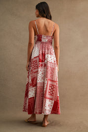 Patchwork Paisley Print Deep V Neck Front Tie Midi Dress