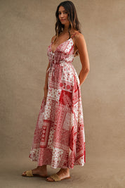Patchwork Paisley Print Deep V Neck Front Tie Midi Dress
