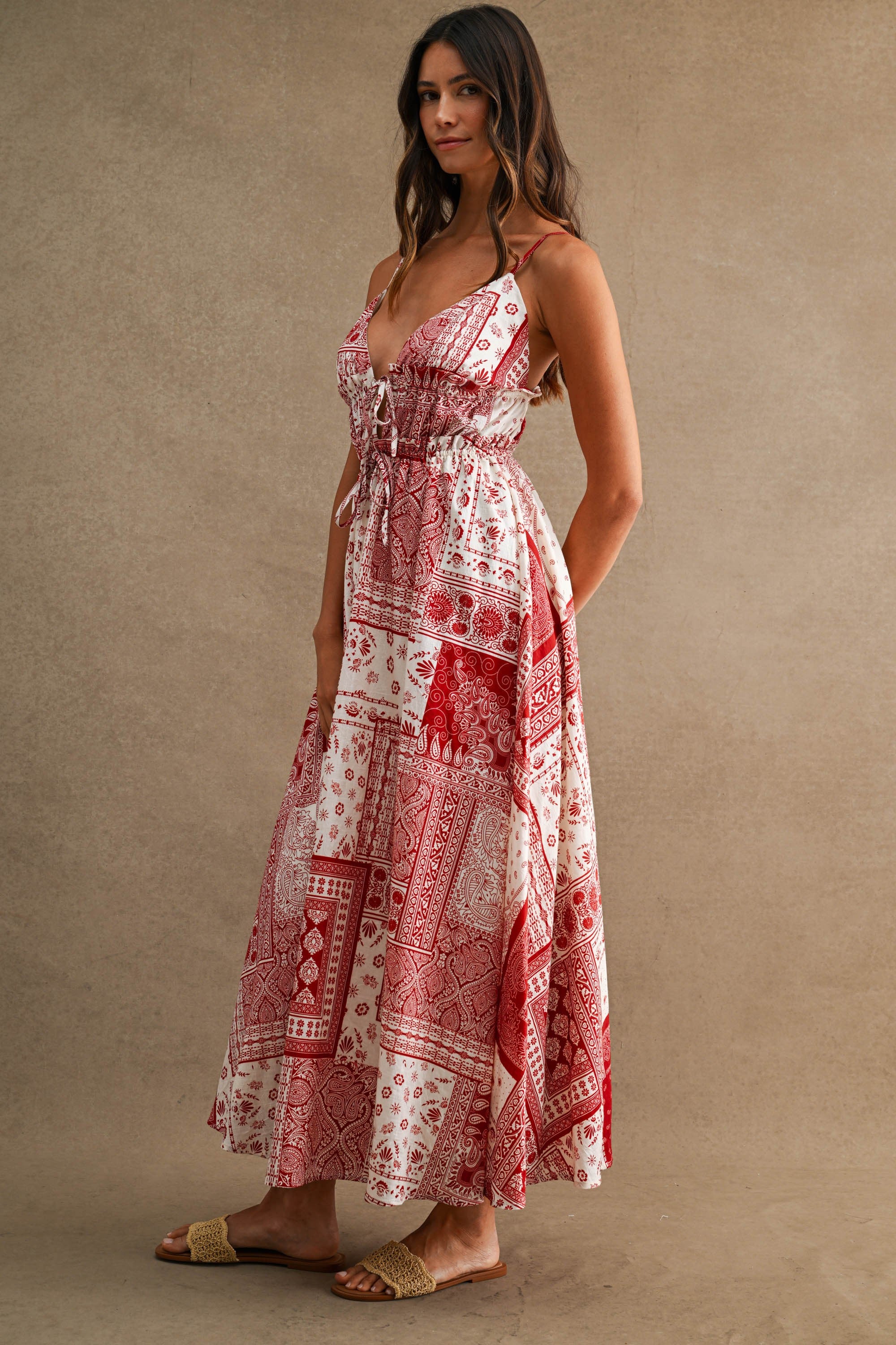 Patchwork Paisley Print Deep V Neck Front Tie Midi Dress