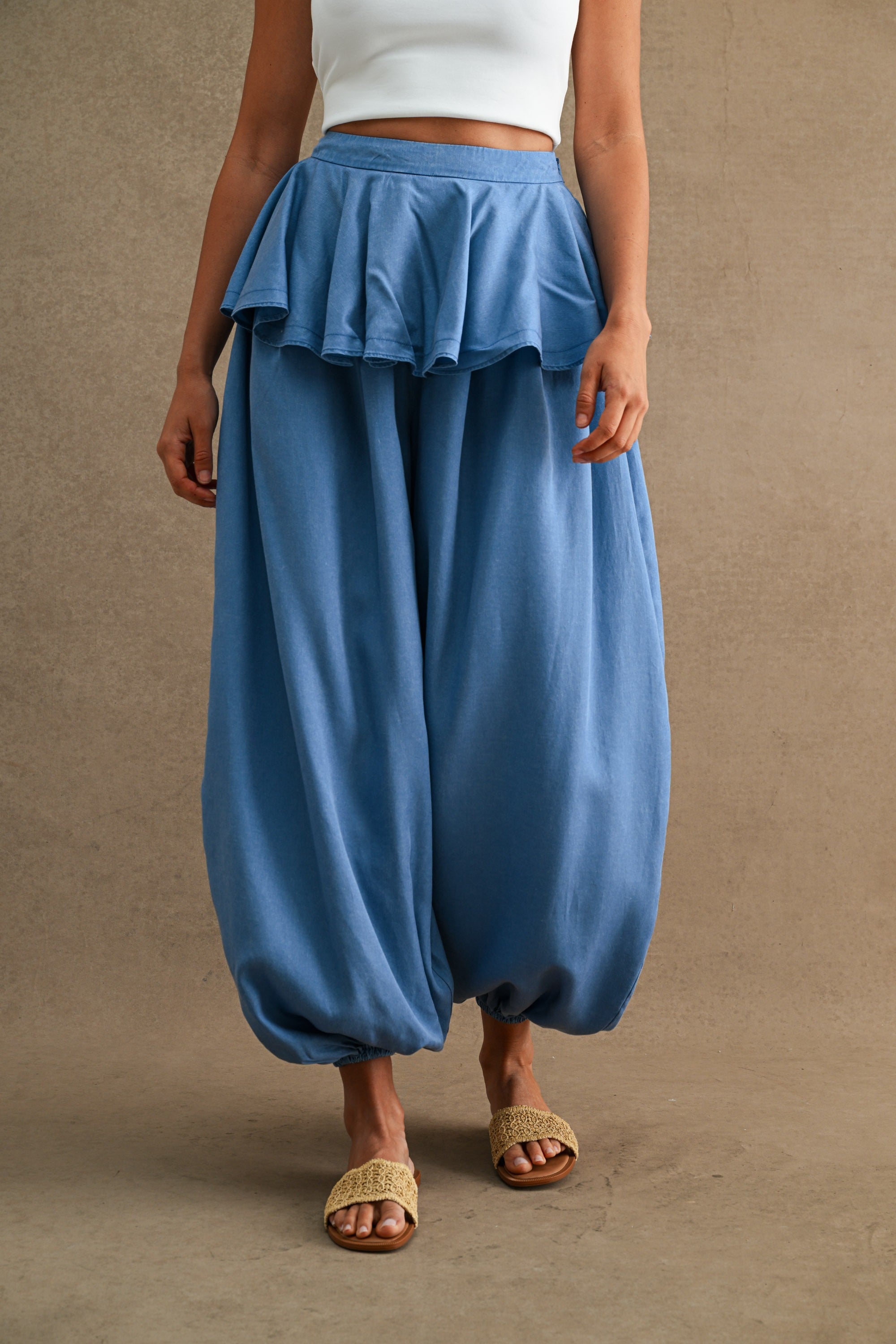 Wide Leg Ruffle Waist Overlay Denim Chambray Balloon Pants