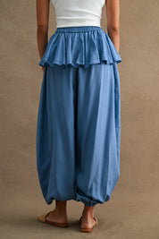 Wide Leg Ruffle Waist Overlay Denim Chambray Balloon Pants