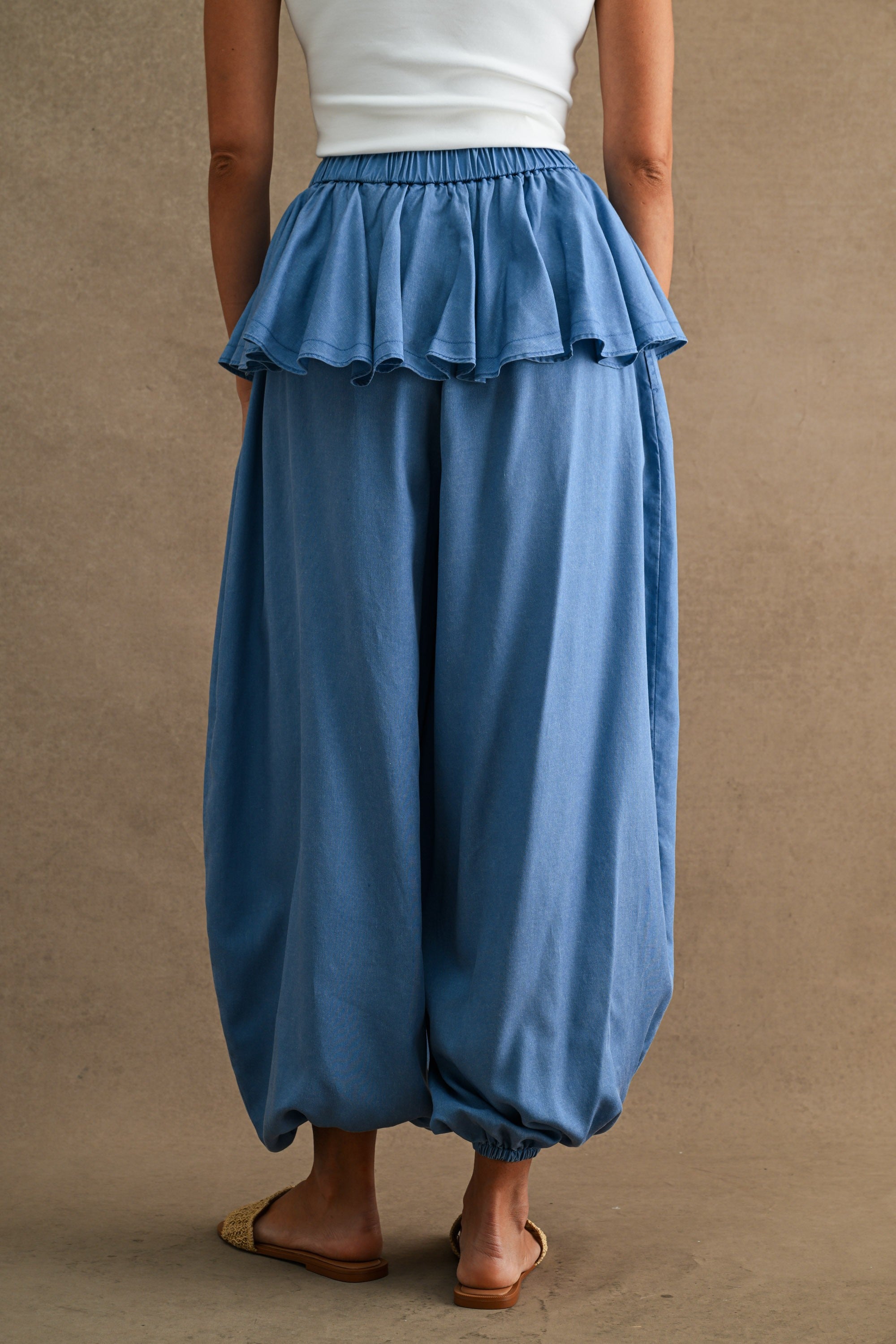Wide Leg Ruffle Waist Overlay Denim Chambray Balloon Pants