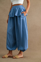 Wide Leg Ruffle Waist Overlay Denim Chambray Balloon Pants