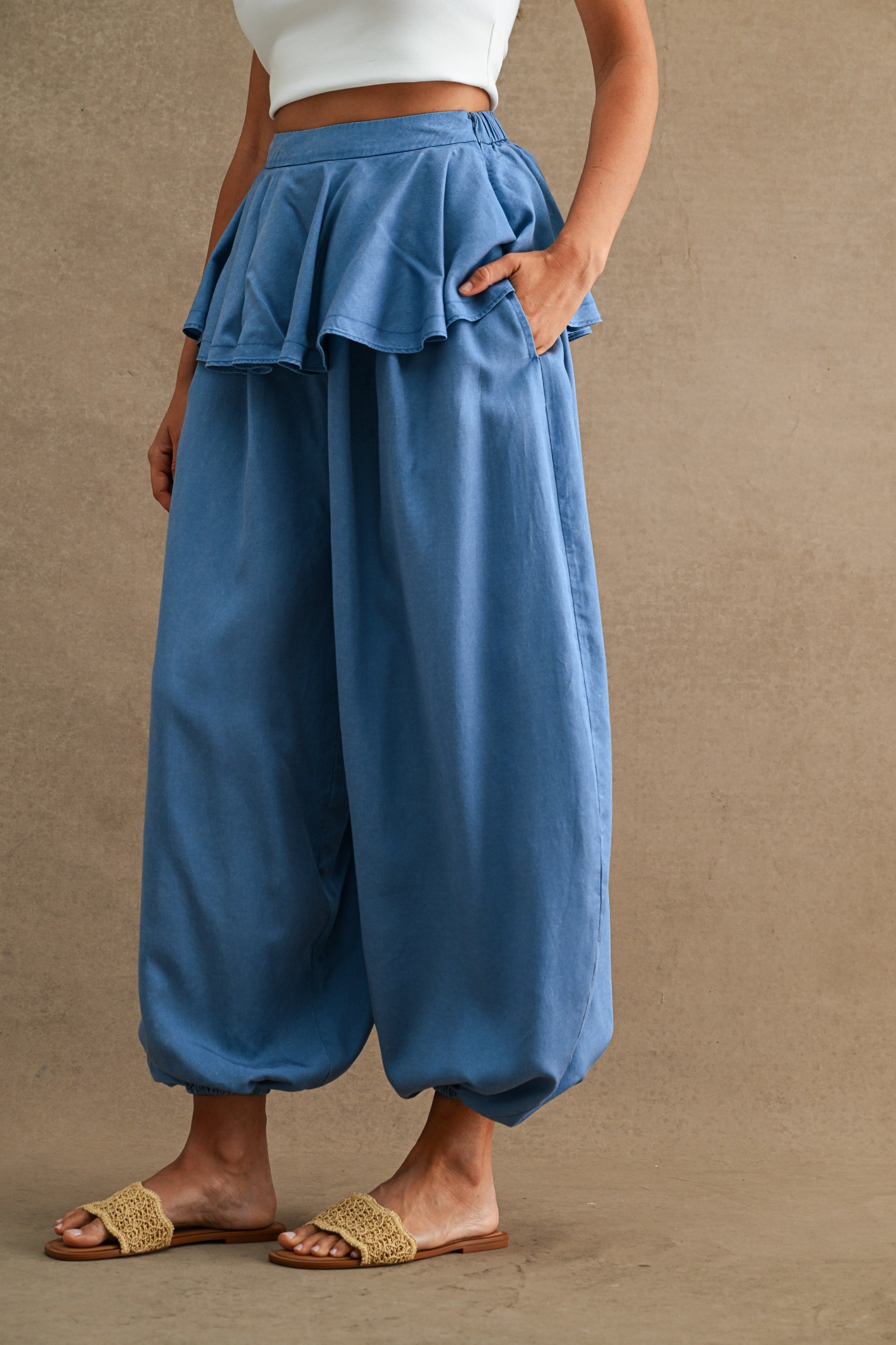 Wide Leg Ruffle Waist Overlay Denim Chambray Balloon Pants