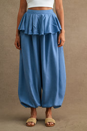 Wide Leg Ruffle Waist Overlay Denim Chambray Balloon Pants
