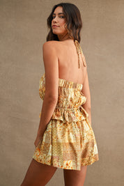 Dijon Printed Halter Romper With Elastic Waist And Ruffle Overlay