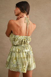 Green Printed Halter Romper With Elastic Waist And Ruffle Overlay