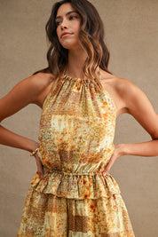 Dijon Printed Halter Romper With Elastic Waist And Ruffle Overlay