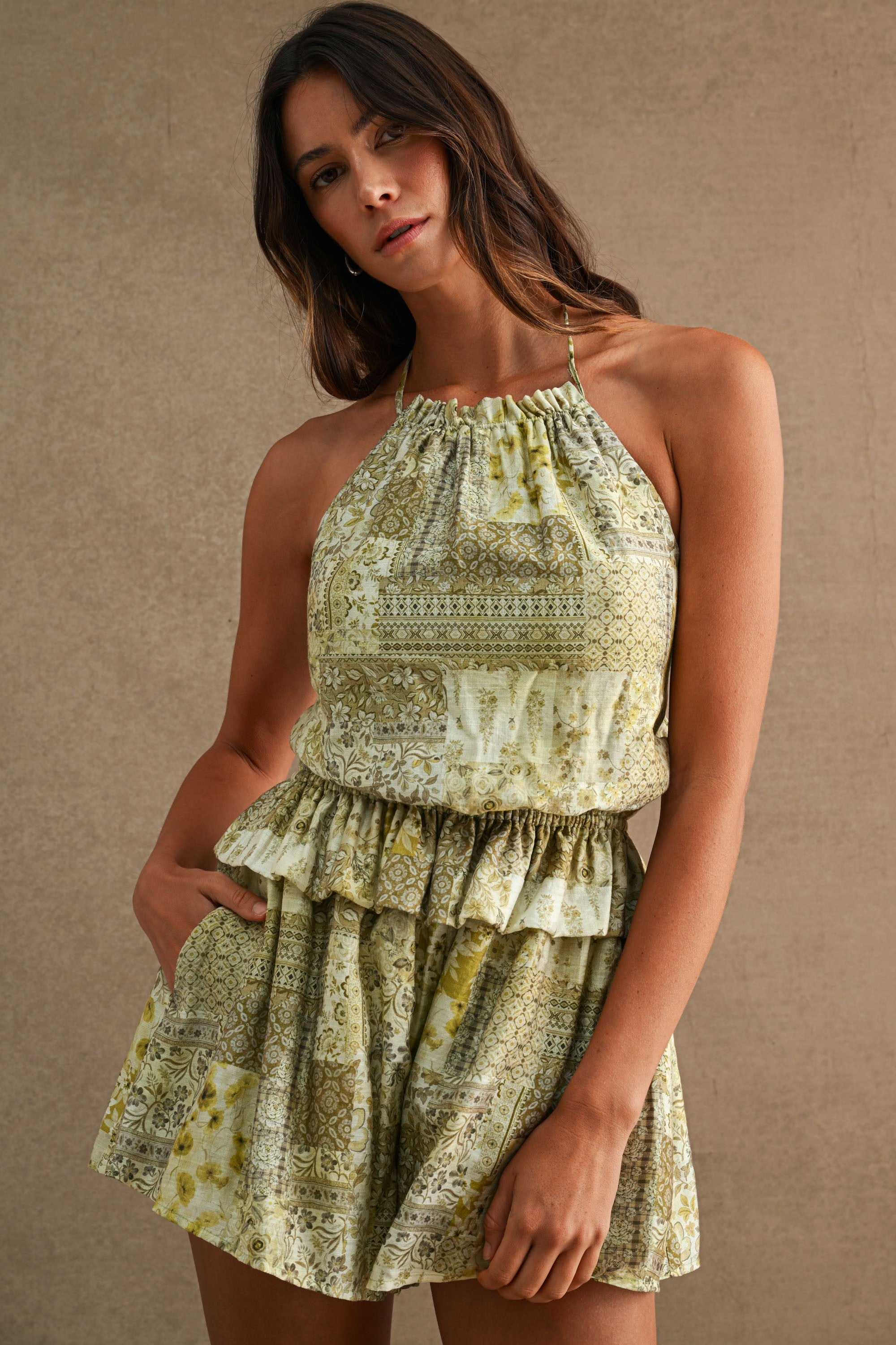 Green Printed Halter Romper With Elastic Waist And Ruffle Overlay