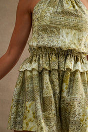 Green Printed Halter Romper With Elastic Waist And Ruffle Overlay