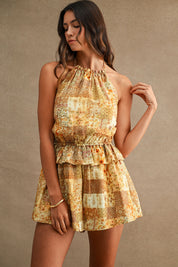 Dijon Printed Halter Romper With Elastic Waist And Ruffle Overlay