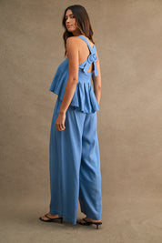 Denim Chambray Pleated Peplum Top And Wide Leg Pants Set