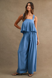 Denim Chambray Pleated Peplum Top And Wide Leg Pants Set