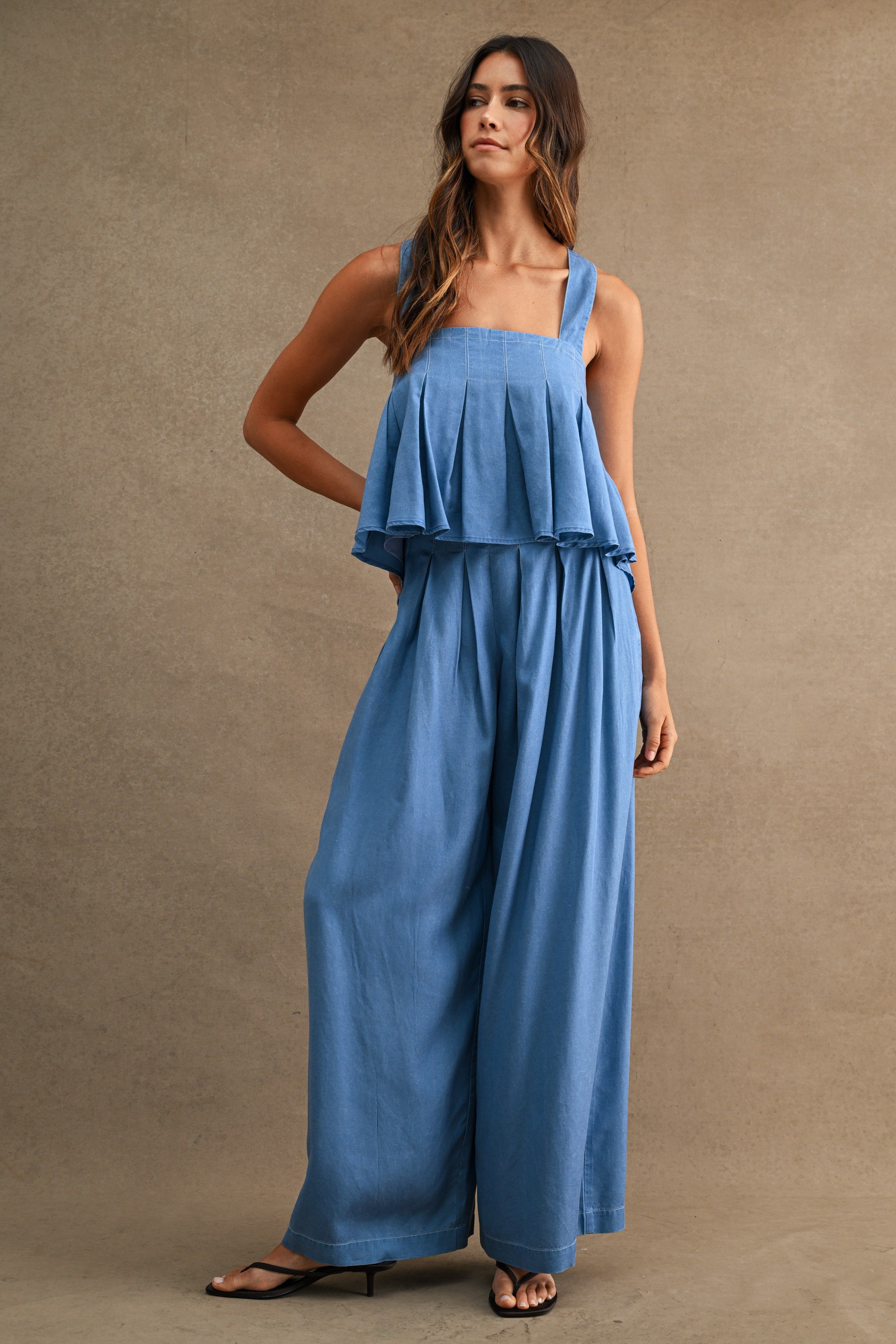 Denim Chambray Pleated Peplum Top And Wide Leg Pants Set