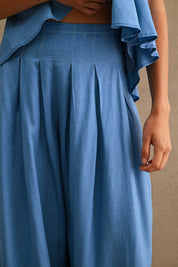 Denim Chambray Pleated Peplum Top And Wide Leg Pants Set