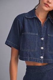 Denim Short Sleeve Collar Shirt And Skort Set