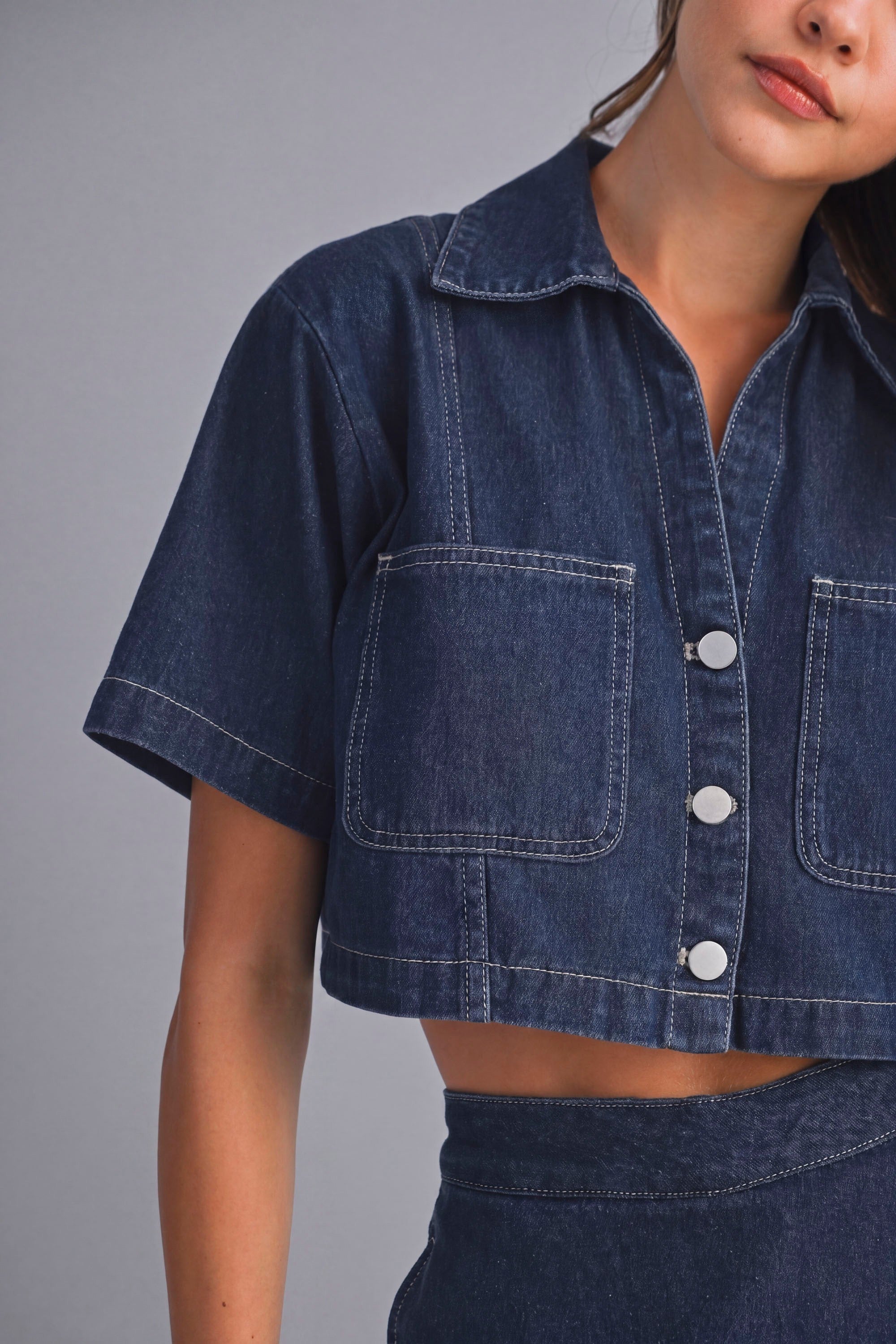 Denim Short Sleeve Collar Shirt And Skort Set