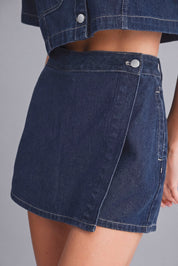 Denim Short Sleeve Collar Shirt And Skort Set