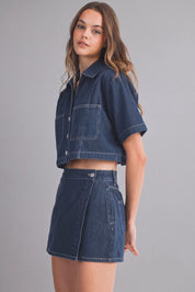 Denim Short Sleeve Collar Shirt And Skort Set